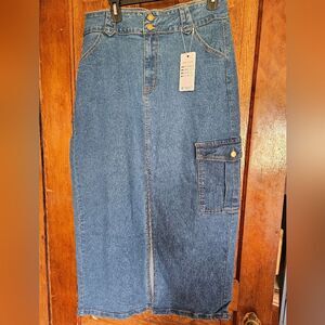 New Ettelo Women's XXL Denim Midi Jean Skirt Pocket Boho Retro